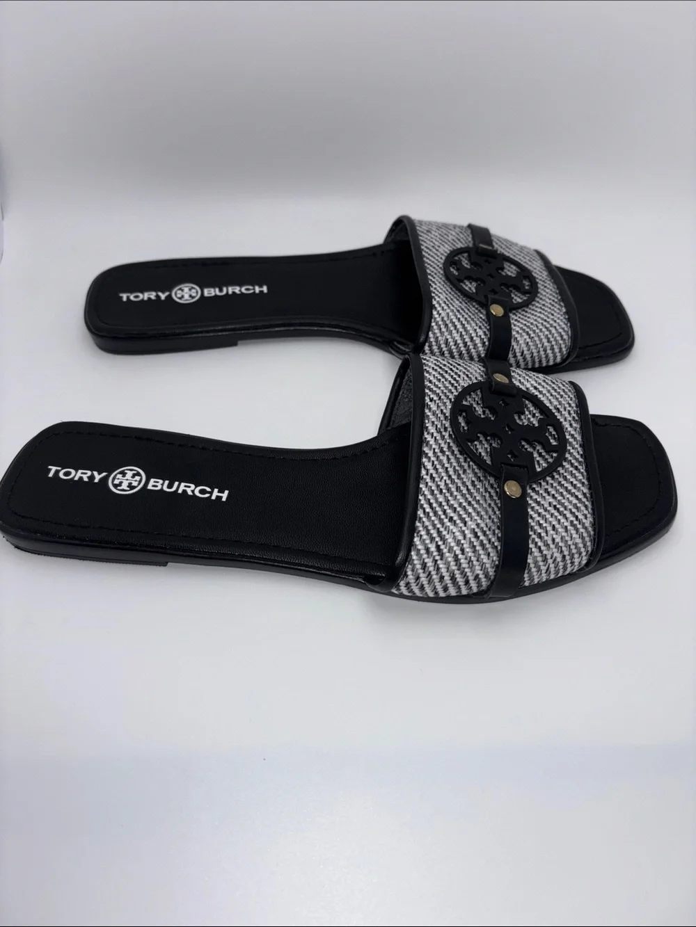 Tory Burch Black & White Logo Tweed Slide Sandals